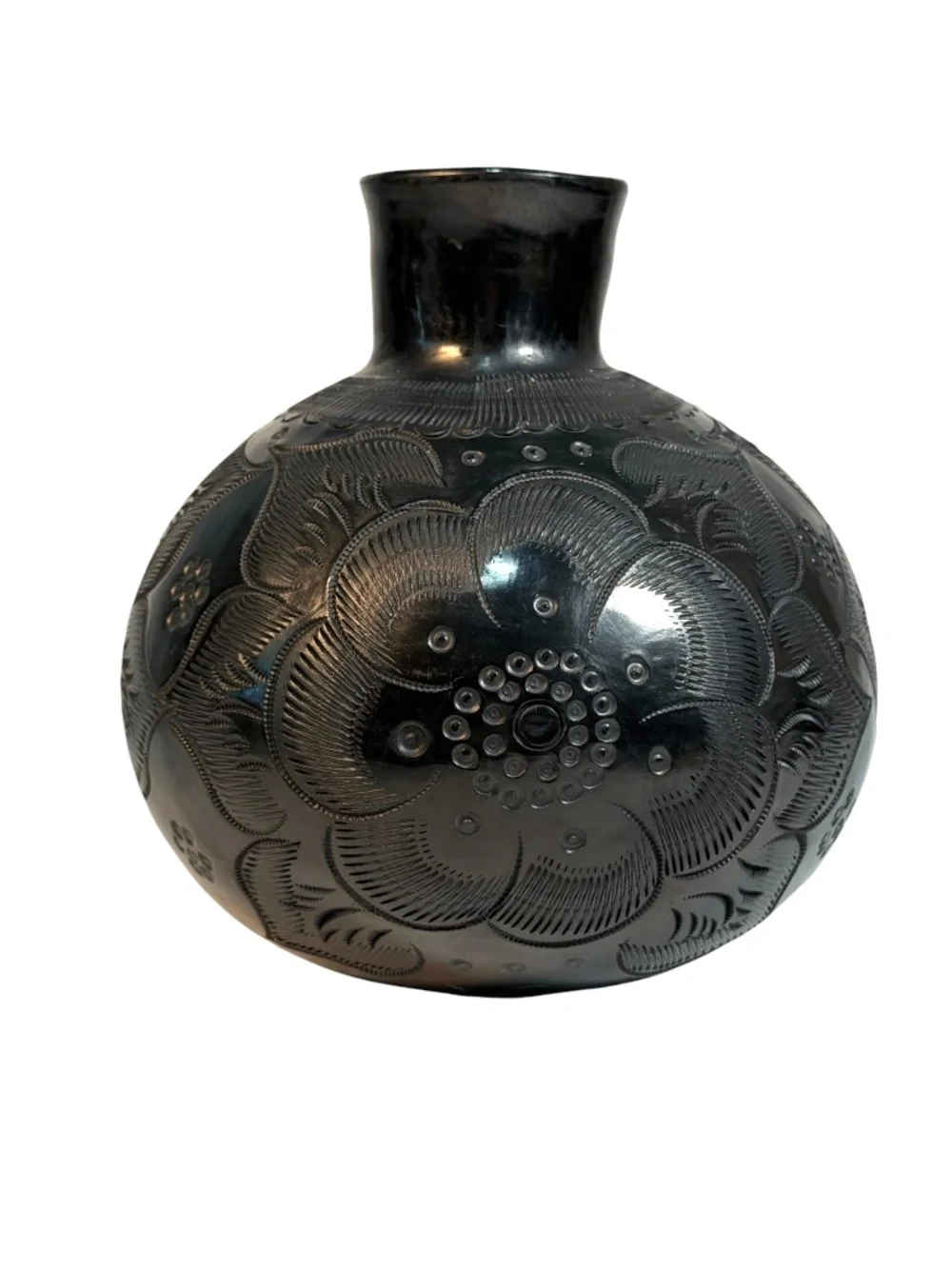 VTG Oaxaca Round Black Clay Pottery Vase Hand Carved Barro Negro Mexico 7.25